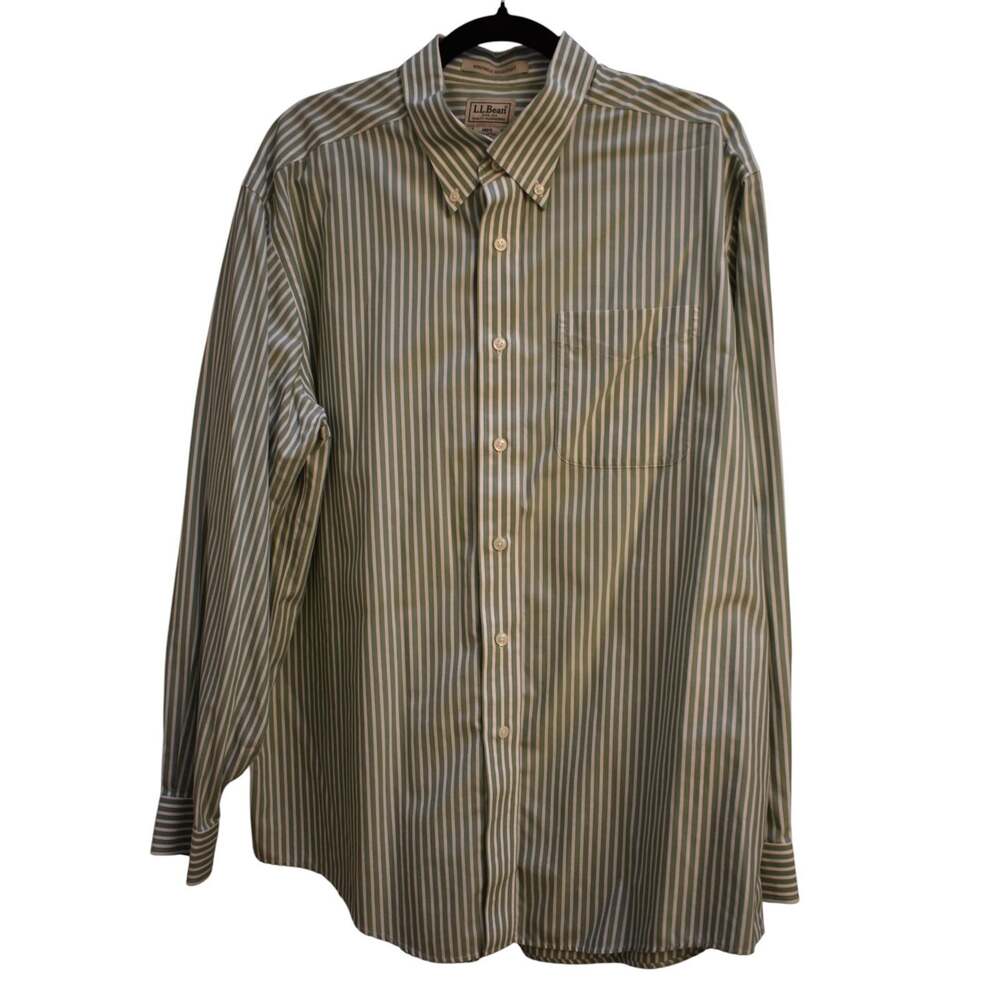 L.L. BEAN Button Down Long Sleeve Shirt 0FWV5 Green & White Stripe - Mens Large
